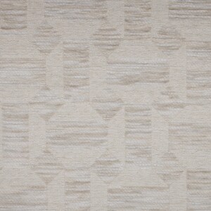 May include: A beige and off-white textile fabric featuring a repeating geometric pattern of circles and squares. The design is composed of alternating textured horizontal lines and smooth solid sections, creating a subtle, tactile, and monochromatic visual effect across the entire surface of the material.