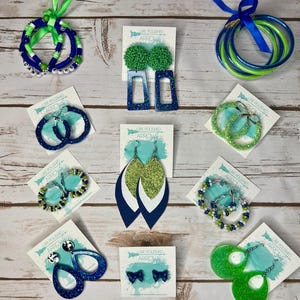Blue and Green Custom School Color Mascot Earrings Bracelets Jewelry Resin Faux Leather Glitter