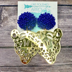 Gold Jaguar Head on Royal Blue Seed Bead Stud Earrings