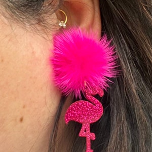 Glitter Resin Pink Flamingos on Pom Pom Studs