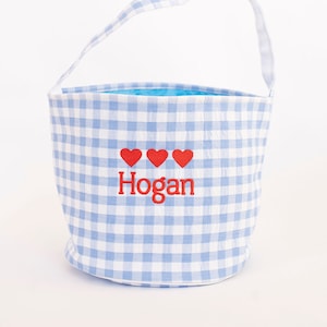Boys Personalized Valentine&#39;s Day Bucket, Blue Gingham Valentine&#39;s Bag, Valentine&#39;s Day Gift for Kids, Heart Bag for Kids, Card Exchange bag