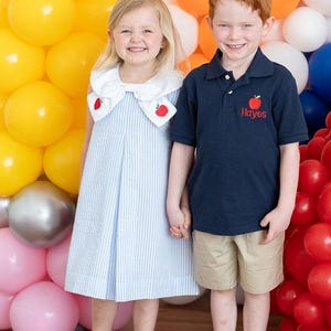 Blaues Seersucker Apfelkleid, Schulanfang-Outfit, besticktes Kleid mit Apfelapplikation für Mädchen, Schulanfangshirt