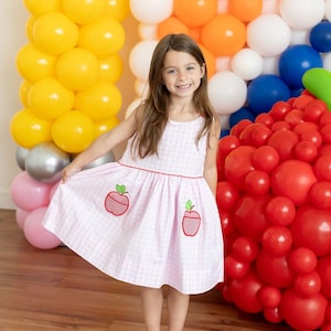 Girl&#39;s Pink Gingham Apple Dress for Back to School, First Day of School Outfit, 1st Day of School shirt, Dress with Apple Pockets