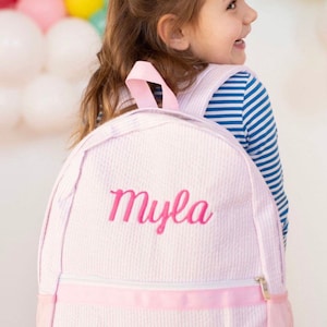 Pink Seersucker Kids Backpack: Monogrammed Embroidered Preschool Bag