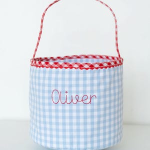 Boys Personalized Valentine&#39;s Day Bucket, Blue Gingham Valentine&#39;s Bag, Valentine&#39;s Day Gift for Kids, Heart Bag for Kids, Card Exchange bag