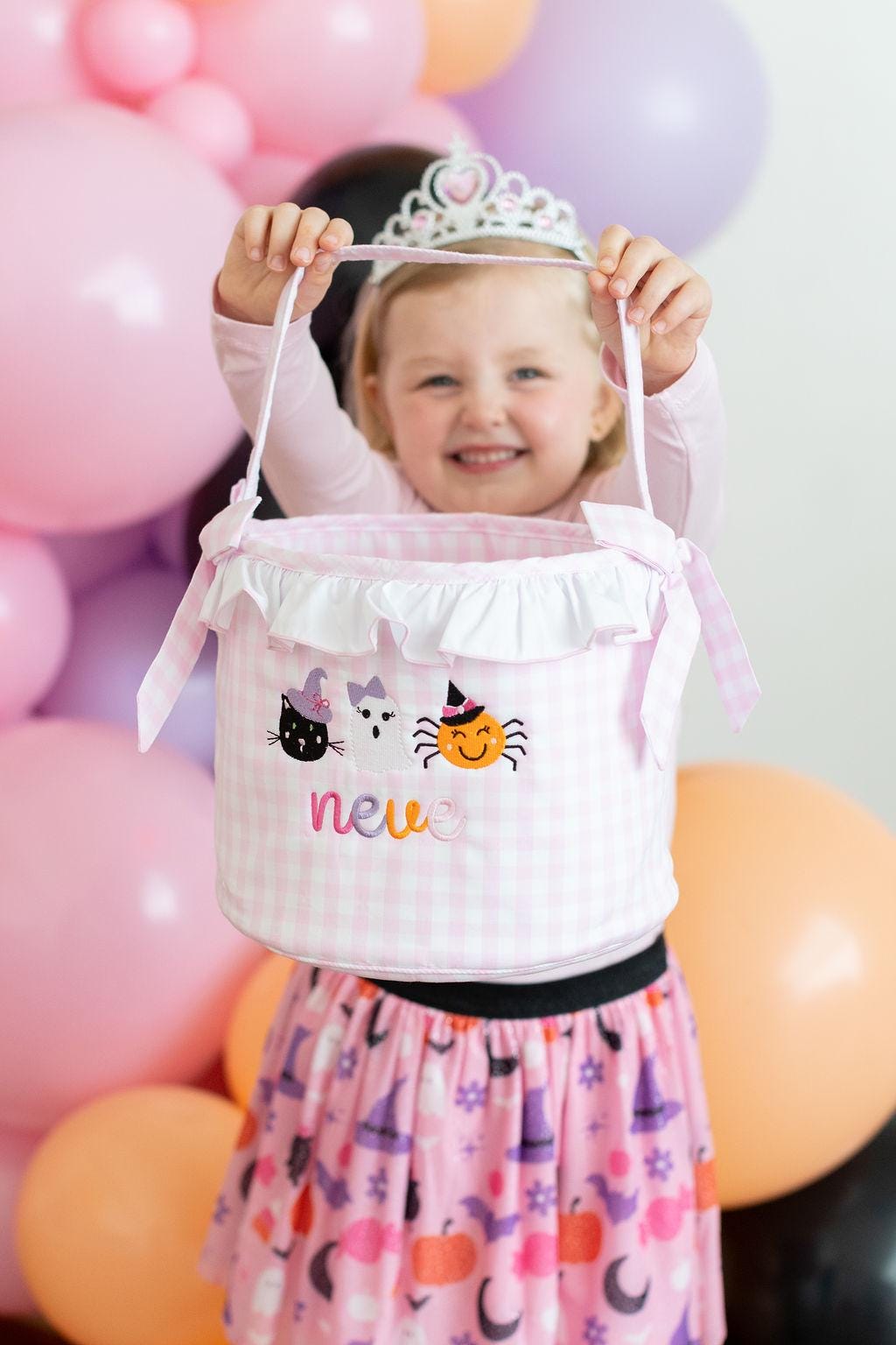 Girls Personalized Halloween Trick or Treat Bag, Personalized Spider, Ghost, and Pumpkin Halloween Basket, Pink Gingham Ruffle Bag, Boo Bag!