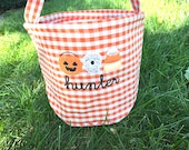 Orange Gingham Halloween Bucket, Personalized Halloween Bucket, Candy Bag, Treatbag - Personalized Trick or Treat Bag, Candy Corn treat bag