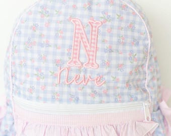 Back to School! Girls Ruffle Backpack with Bag Charms, Personalized and Embroidered for Her, Monogrammed Girls Bookbag with Lunchbox