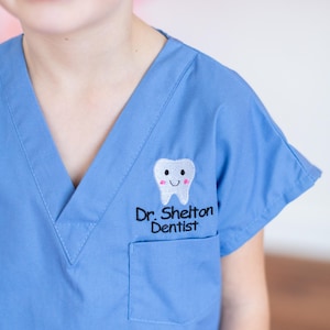 Embroidered Personalized Scrubs, Blue Dentist Costume, Light Blue Scrubs, Kids Doctor Costume, Embroidered Scrubs, Kids doctor coat