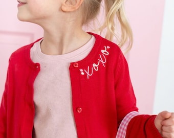 Girls Valentines Day sweater, Heart sweater, Embroidered Cardigan, Girls Personalized Cardigan, Personalized School Uniform for Girls