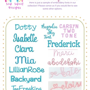 Peut inclure: Pr&eacute;sentation de polices de broderie dans diff&eacute;rents styles, avec les mots "Embroidery Fonts" et un logo arc-en-ciel. Les noms de polices incluent Dotty, Mia et Kate. L'image est un &eacute;chantillon des polices disponibles.