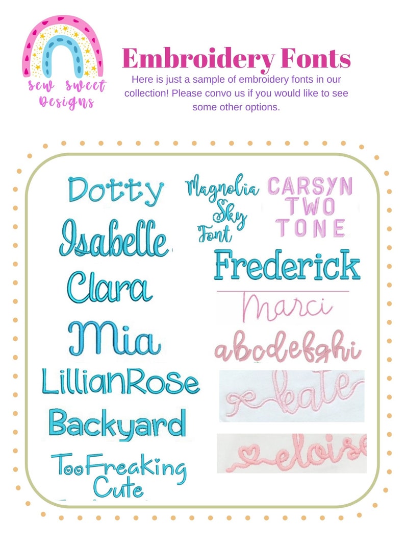 Peut inclure: Pr&eacute;sentation de polices de broderie dans diff&eacute;rents styles, avec les mots "Embroidery Fonts" et un logo arc-en-ciel. Les noms de polices incluent Dotty, Mia et Kate. L'image est un &eacute;chantillon des polices disponibles.