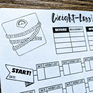 May include: A black and white printable weight loss tracker with a scale and measuring tape illustration. The tracker includes sections for "Before" and "After" measurements, as well as a section to track weight loss with dates and weight lost.