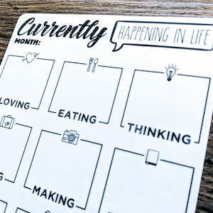 以下が含まれることがあります： 「Currently Happening in Life」というテキストと吹き出しのある、印刷可能なプランナーページ。ページは、「Loving」、「Eating」、「Thinking」、「Going」、「Making」、「Month:」というアイコンとラベルが付いた6つのセクションに分けられています。