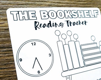 May include: White paper with black line art of a bookshelf, clock, and plant. The text "THE BOOKSHELF Reading Tracker" is at the top. The clock shows the time is approximately 6:30. The bookshelf has books on it.