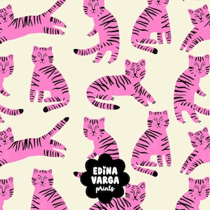 Könnte beinhalten: Ein sich wiederholendes Muster aus leuchtend rosa Tigern mit schwarzen Streifen auf cremefarbenem Hintergrund. Die Tiger sind in verschiedenen sitzenden und liegenden Posen dargestellt. Ein schwarzes, gewelltes, rundes Logo mit dem weißen Text EDINA VARGA prints ist zentriert.