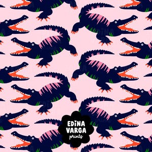 May include: A repeating pattern of pink and blue alligators with open mouths on a pink background. The text "Edina Varga prints" is in a white cloud shape in the centre of the image.