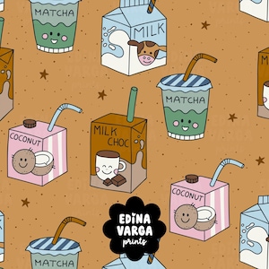 Milch, Matcha, Kokos & Schokomilch nahtloses Muster | Kawaii Print | digitaler Textildruck | Stoffmuster für Kinder | PNG | braun
