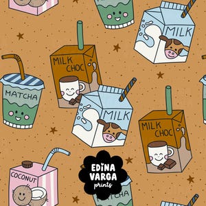 Milch, Matcha, Kokos & Schokomilch nahtloses Muster | Kawaii Print | digitaler Textildruck | Stoffmuster für Kinder | PNG | braun