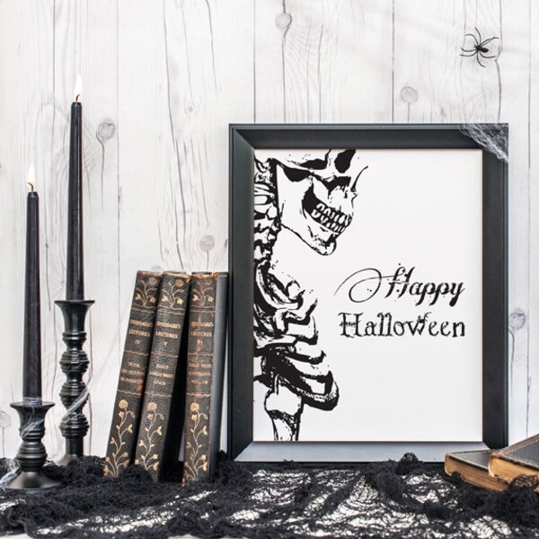 Skeleton Print, Halloween Wall Art, Haunting Art, Fall Holiday Home Decor, Ghost Poster, Printable Black & White Art, Instant Download.