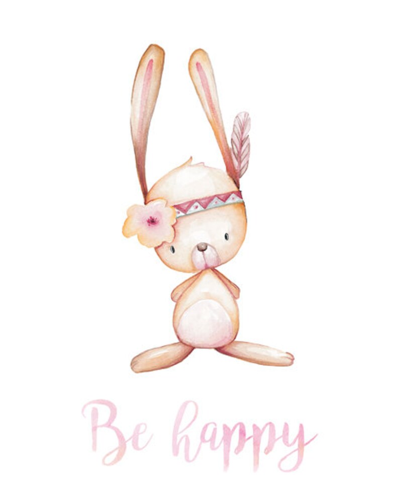 Baby Girl Nursery Wall Art Print, Boho Woodland Watercolor Bunny Home ...