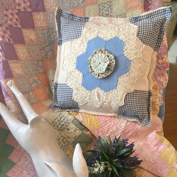 Vintage Grandmothers Flower Garden Quilt Pillow, Vintage Textile Pillow, Yo-yo pillow, Nine Square Pillow, Lavender Pillow, Blue Pillow