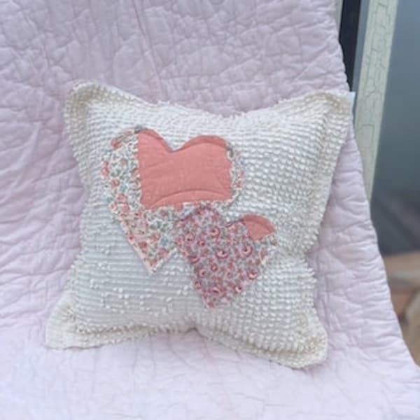 Vintage Quilt Coral Heart Accent Pillow