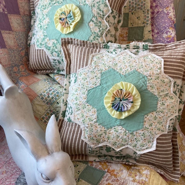 Beige and Green Vintage Grandmothers Flower Garden Quilt Pillow