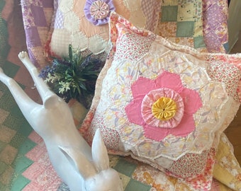 Pink Vintage Grandmothers Flower Garden Quilt Pillow