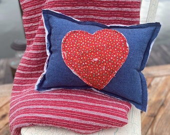 Vintage Quilt Heart Accent Pillow, Americana Heart Pillow, Fourth of July Pillow, Red, White, and Blue Pillow, Denim Pillow, Farmstead Heart