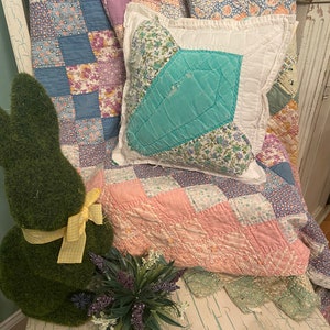 Small Teal Vintage Tulip Quilt Pillow