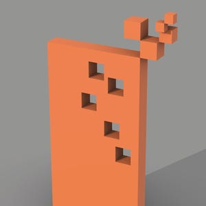 May include: A tall, rectangular orange sculpture featuring five square cutouts arranged vertically. The top right corner of the structure appears to be disintegrating into a cluster of small, floating orange cubes of varying sizes.