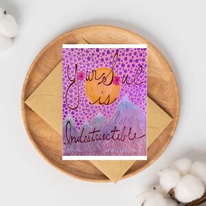 Sua alma é indestrutível – Cartão 5x7 para impressão, download digital instantâneo, design inspirador com montanhas e sol
