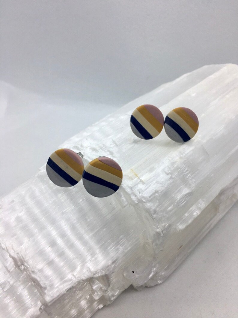 Striped Muted Tones Polymer Clay Post Earrings Gifts Handmade Striped Polymer Clay Posts Striped Studs Small Striped Earrings