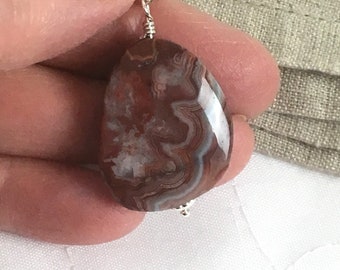 Laguna Lace Agate Pendant, Dark Red Gray Gemstone Pendant, Sterling Silver Wire Wrapped Pendant