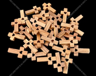 Olive wood crosses with heart inside, 24 Holy Land crosses, Natural wood crosses, Bethlehem crosses, Wooden crosses