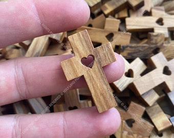 Natural olive wood crosses with heart inside, Necklace crosses, Rosary crosses, Wooden crosses, Bethlehem crosses, Holy Land crosses