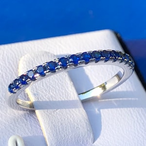 Blue sapphire wedding rings, simulated blue sapphire matching bands, half eternity, anniversary, matching wedder, band, ring, matching ring