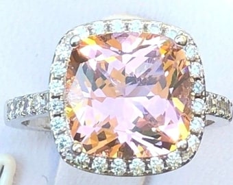Morganite Ring: 5ct Halo Cushion Cut Simulated Morganite Engagement Ring, Simulated Diamond Engagement Ring, Rhodium Plated 925 Silver #4-12