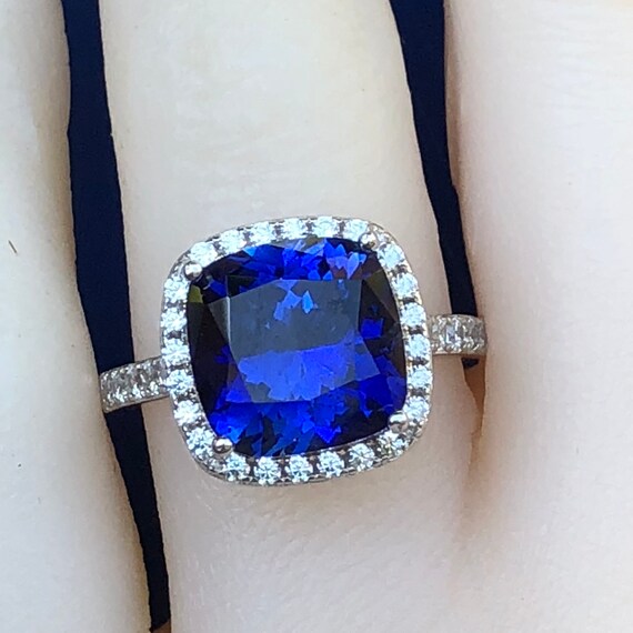 Sapphire Engagement Ring 5ct Halo Cushion Cut Simulated Sapphire