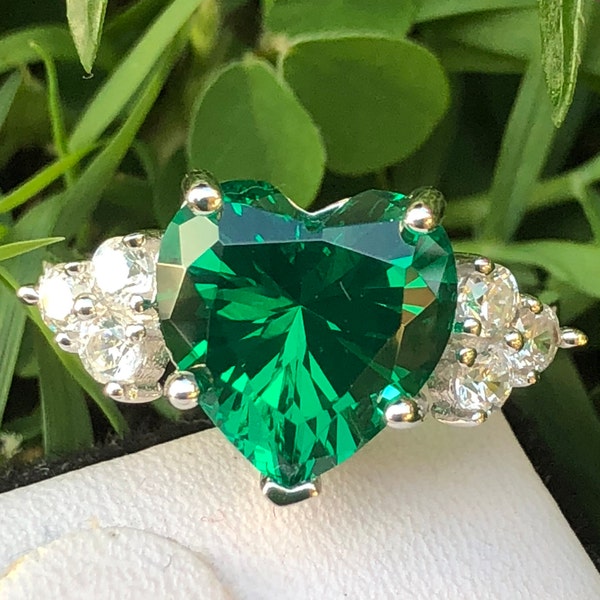 Emerald Ring: Heart Shape Emerald Engagement Ring, created Emerald, 925 silver, ring for women, anniversary gift, Jewellery & Accessories