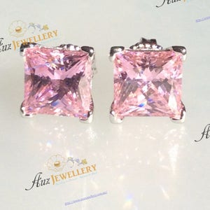 Pink diamond earrings: simulated pink diamond earrings, 925 sterling silver, princess cut stud earrings, gift for women, jewelry earrings