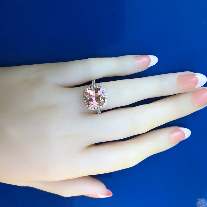 Morganite Ring: 5ct Halo Cushion Cut Simulated Morganite Engagement ...