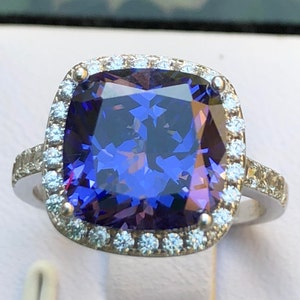 Tanzanite Engagement Ring: 5ct Halo Cushion cut Lab Created Tanzanite Ring Simulated Diamond Engagement, Tanzanite Engagement Wedding Ring