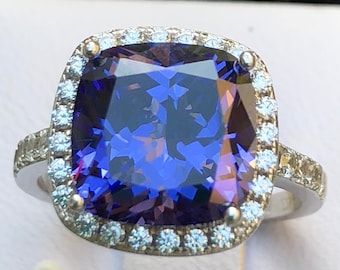 Tanzanite Engagement Ring: 5ct Halo Cushion cut Lab Created Tanzanite Ring Simulated Diamond Engagement, Tanzanite Engagement Wedding Ring