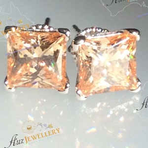 Champagne Princess Earrings: Sparkling Princess Cut Simulated Champagne Diamond Stud Earrings Real 925 Silver, mothers gift, gift for woman