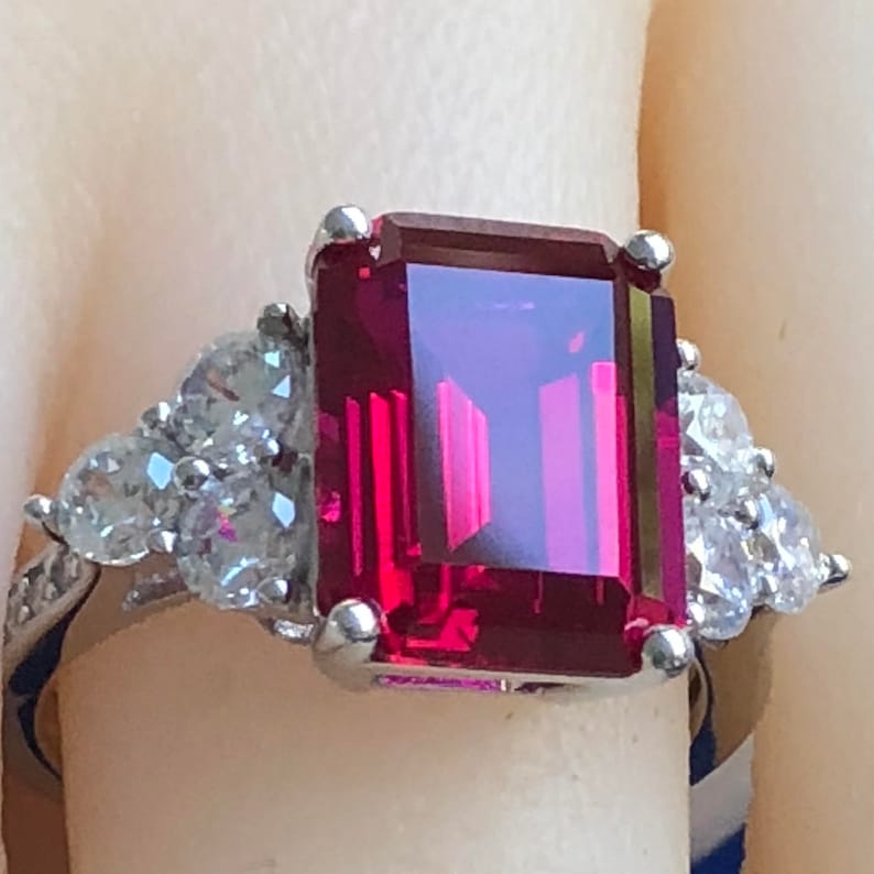 Ruby Engagement Ring Emerald Cut Simulated Created Ruby Etsy Australia
