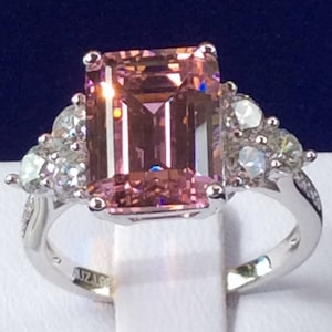 Pink diamond: Engagement ring, ring 925, Emerald Cut simulated pink diamond ring, jewelry, rings unique, silver ring women, ring 3 stone