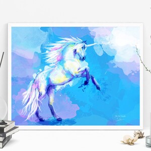 Impresión artística de unicornio colorido, decoración de guardería de unicornio azul, obra de arte para habitación de niñas, regalo para amantes de los caballos, estampados de animales relajantes, míticos y caprichosos