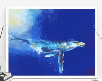 Humpback Whale Art Print, blue bathroom wall art, ocean wall decor, nautical print whale poster, sea animal prints colorful